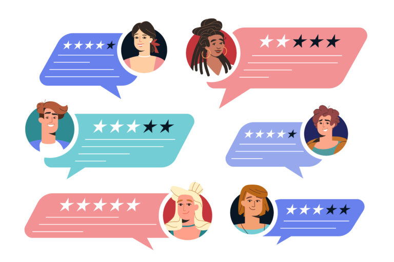flat customer in speech bubbles give feedback
